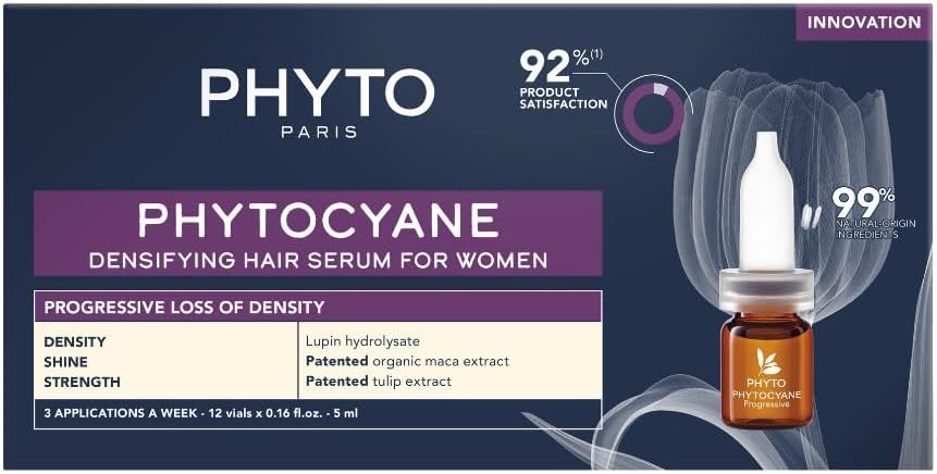 Phyto Phytocyane Densifying Hair Serum Women 5 ml x 12 Vials - For Progressive Hair Loss Treatment, Natural-origin ingredients