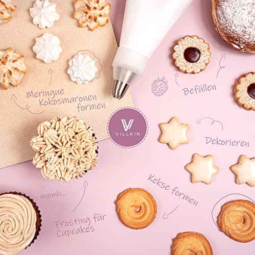 Foto von Villkin Spritzbeutel-Set 9-teilig mit 6 verschiedenen Edelstahl Spritztüllen und 34cm Spritztüte - wiederverwendbar und spülmaschinenfest - Für Dekorationen auf Torten, Kuchen und Keksen