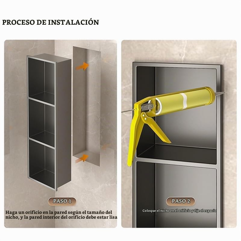 Nicho de Pared de Acero Inoxidable, nicho de Ducha Empotrado con luz LED, Estante Organizador Impermeable para Almacenamiento en el baño, no Necesita Azulejos (Negro, 70 x 28 x 12,5 cm)