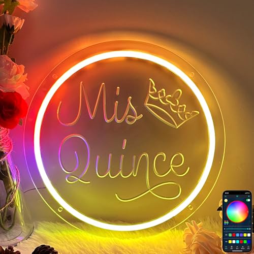 Image of Mis Quince Fifteen Colorful Neon Sign for Wall Decor 3D Art Carving Design Custom RGB Dimmable Color Changing LED Neon for Happy Birthday Party Home Room Rainbow Logo Personalized Sign 30x30 CM
