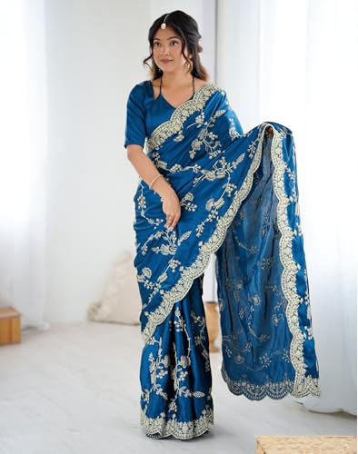 Image of Satrani Women's Satin Embroidery & Sequin Work Saree with Unstitched Blouse Piece