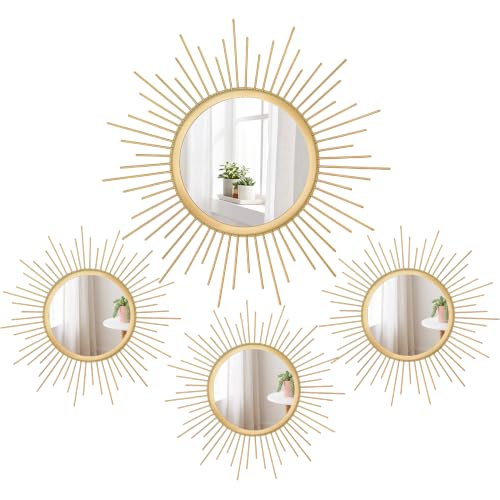 Sxnzequnze 4 Set Metal Sunburst Mirrors for Wall Decor Living Room Bedroom Bathroom Dining Room Boho Gold Decorative Hanging Circle Vintage Art - Gold/Black/Silver 11.8 in/7.8 in