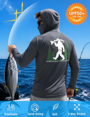Image of FISHEAL Men's UPF 50+ Fishing Hoodie, Long Sleeve Sun Protection UV Shirts with Mask, Lightweight Quick Dry Outdoor Hooded