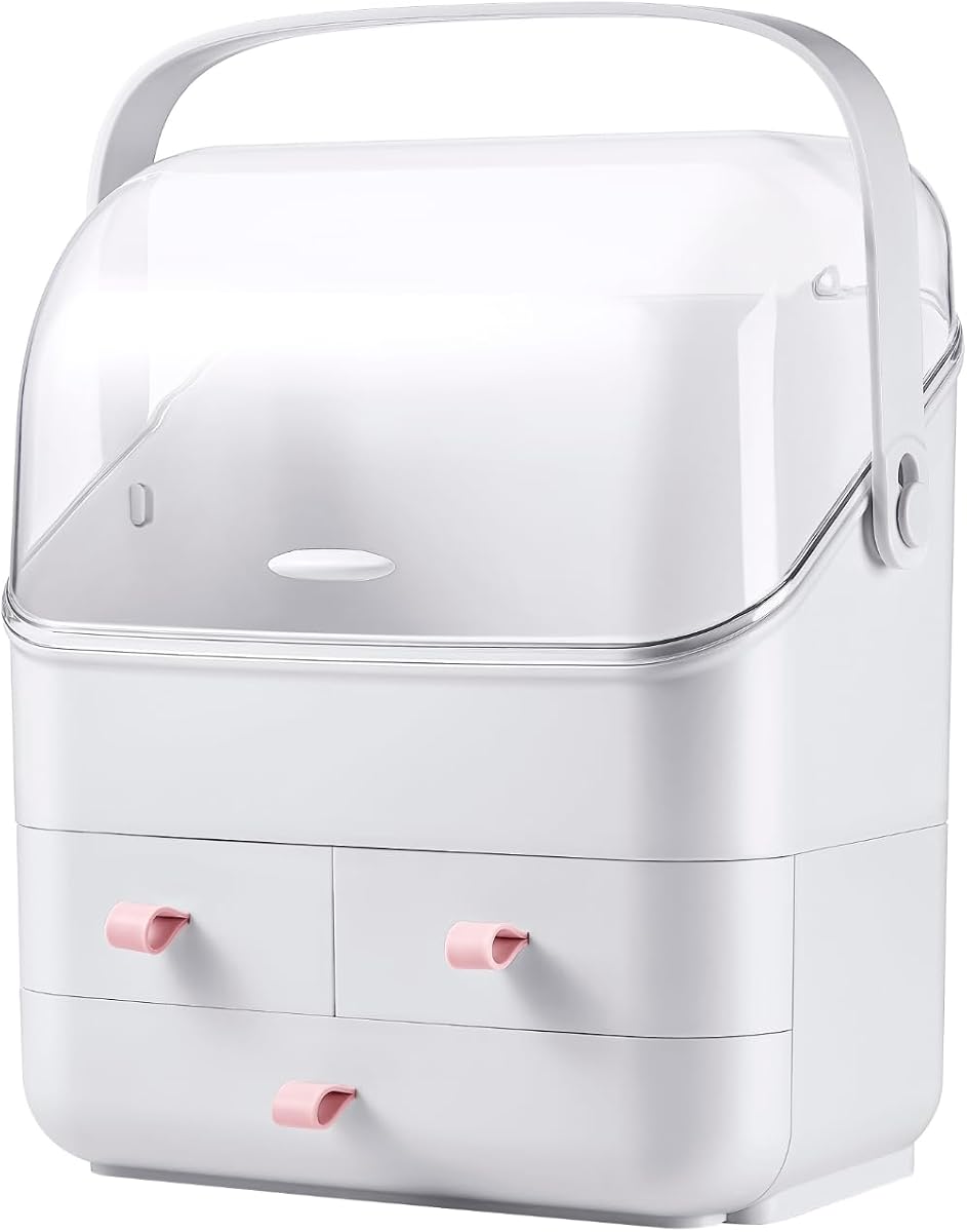 Cosmetic Storage Box with Lid Makeup Organizer Box with Dust Free Cover Portable Handle,Large Makeup Display Case with Drawers Fully Open Lid,Great for Dresser Bathroom Countertop