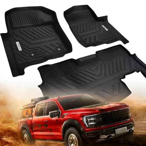 All Weather Floor Mat for 2010-2014 Ford F-150 SuperCrew/Crew Cab with Bucket Seat TPE Car Mat Full Set Front & Rear 3PCS Custom Fit F150 Floor Liners - Anti-Slip Waterproof Odorless Easy Clean