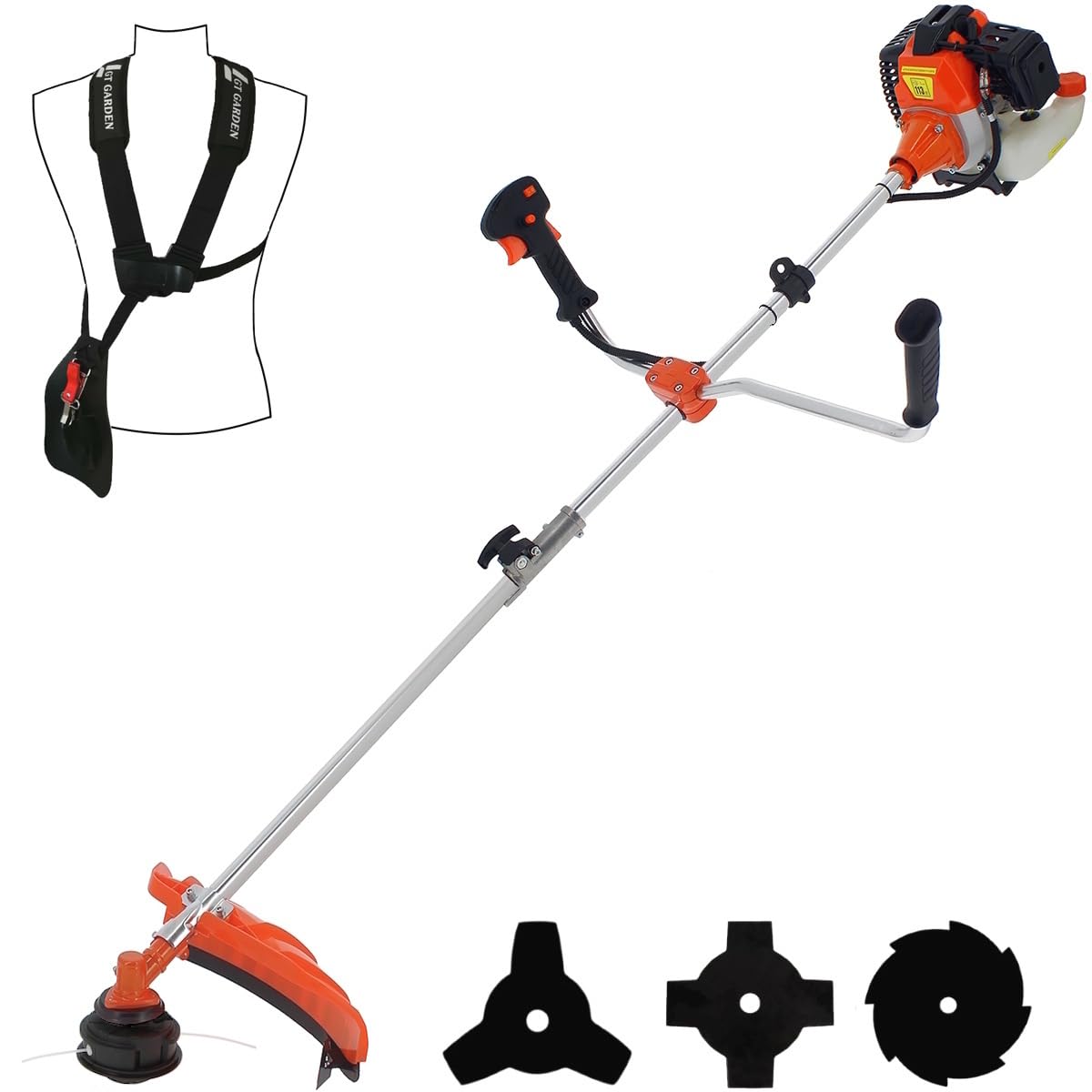 GT Garden - Débroussailleuse Thermique 52 cm³ 3 CV - Coupe Herbe, Ronces et Broussailles - Tête Fil Renforcée Recharge Facile + Lames - Harnais Inclus - Outil de Jardin Puissant et Polyvalent