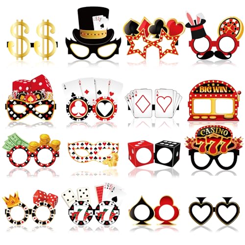 Harrycle 32 Pcs Casino Night Decorations Las Vegas Casino Glasses Paper Eyeglasses Poker Dice Selfie Photo Booth Props Kit Las Vegas Game Night Birthday Party Favors Supplies