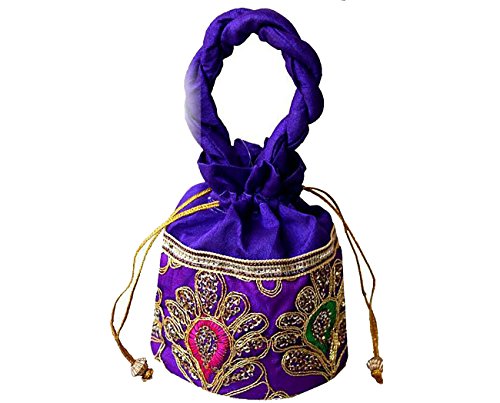 DMS RETAIL Women's Raw Silk Potli Bag with Embroidery (Blue)