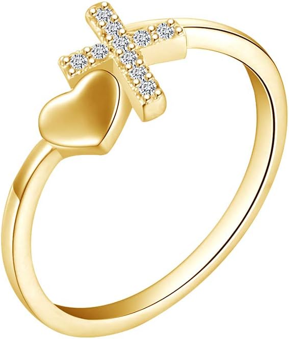 AFFY Round Sparkling White Cubic Zirconia Cross Heart Bypass Promise Ring 14k Gold Over Sterling Silver for Women