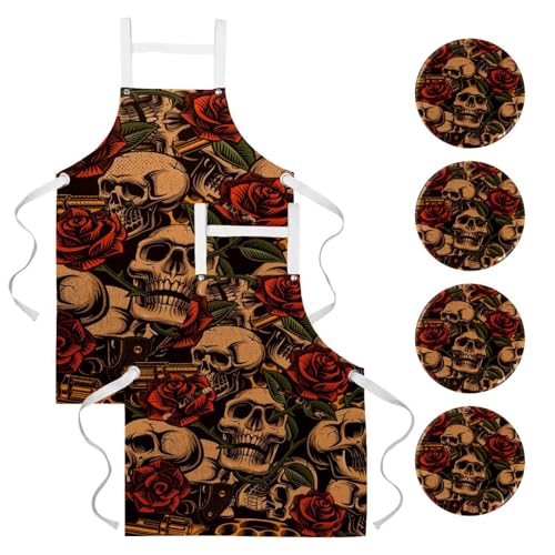 Tablier de cuisine crâne rose vintage lot de 2 pour pâtisserie