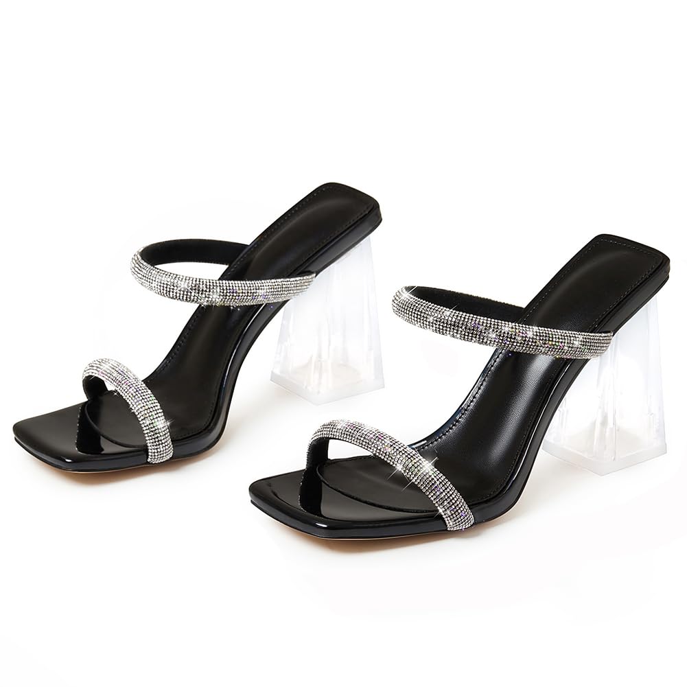 Erocalli Clear heels Chunky Block High Heels for Women, Rhinestone Heeled Sandals Square Toe Two Strap Transparent Slides Slip On Mules