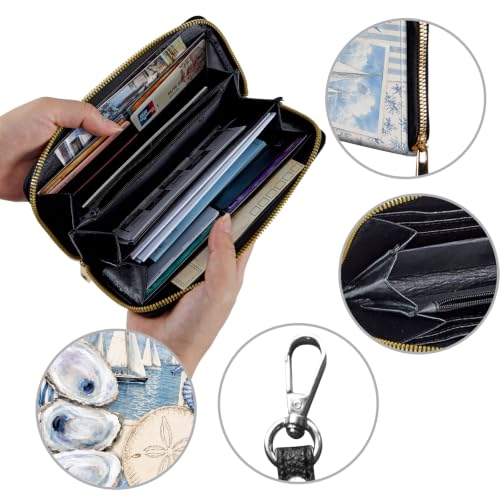 Image of Women's Wallets Credit Card Holder Money Leather Long Wallet | Long wallet with Wristlet,Large Capacity with Zip-Around Phone Purse for Women Ladies Girls,Blue Collage