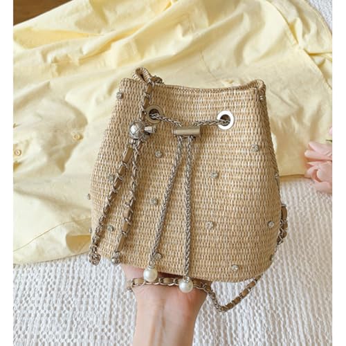 Pearl Straw Bucket Purse for Women Summer Vacation Crossbody Purses Beach Bag Beaded Rhinestone Handbag4