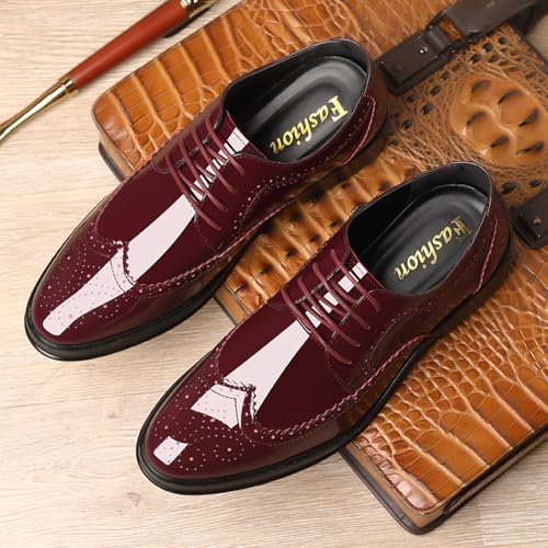 Image of Men's Patent Leather Wingtip Carving Brogue Dress Shoes Fashion Classic Cap Toe Lace Up Low Top Oxfords Shoes Casual Business Formal Derby Shoes