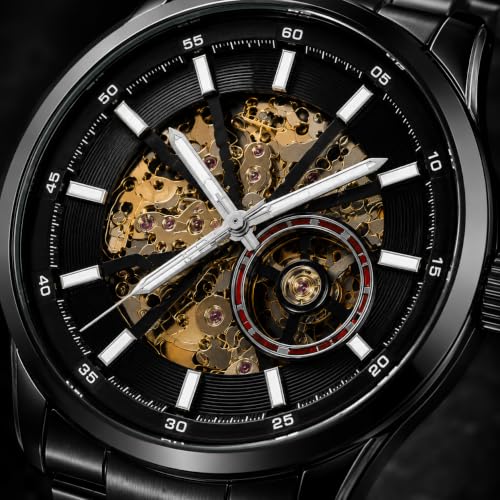 Image of Automatic Watches for Men, Black Analog Skeleton Mechanical Wrist Watch with Stainless Steel Chain, Black Dial, Self Winding Luxury Timepiece, Classic Waterproof Hand Watch