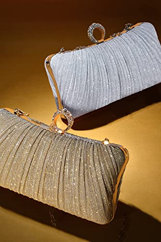 Image of Womens Golden Glitter Clutch Purse Pleated Evening Bag for Bridal Wedding Party with Rhinestone Ring