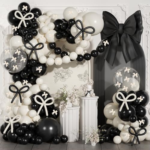Image of Black and White Balloon Arch Kit, JOGAMS 199Pcs Black and White Bow Birthday Decorations with 260 Clear Balloons Ribbon Bow for Coquette Bow Birthday Bachelorette Baby Shower Bridal Shower Wedding