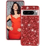 Silicone Case for Google Pixel 8 Pro 5G Cases Glitter Sparkle Bling, Hybrid Matte Back Case High Impact Heavy Duty Shockproof Protective Cover for Google 8 Pro Cute Case for Women (Red)