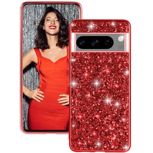 Silicone Case for Google Pixel 8 Pro 5G Cases Glitter Sparkle Bling, Hybrid Matte Back Case High Impact Heavy Duty Shockproof Protective Cover for Google 8 Pro Cute Case for Women (Red)