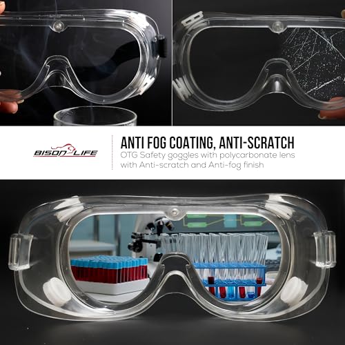 Image of BISON LIFE Vison Safe SplashGuard Clear Safety Goggles Eye Protection Chemical Splash Resistant Anti-Fog Anti-Scratch Adjustable Strap Glasses - Pack of 1