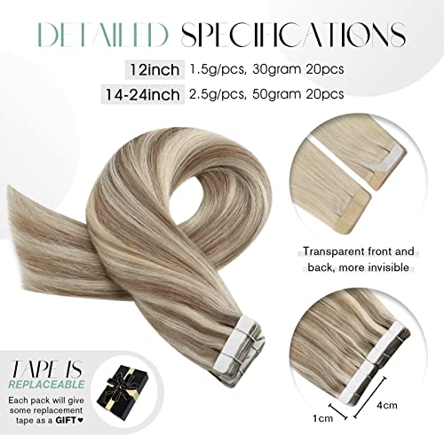 Foto von Moresoo Tape Extensions Echthaar Haarverlängerung Echthaar Tapes Invisible Remy Echthaar Extensions Tape in Hellbraun mit Platinblond Extensions Menschliches Haar 20 Stück 50g/Pack 50 cm #9A/60
