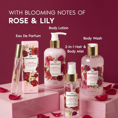 Image of Nykaa Wanderlust English Country Rose Luxury Bath and Body Care Gift Set Box | Shower Gel, Body Lotion, Body Mist and EDP Perfume | Pack of 4 | For Women | Gifting Kit for Birthday, Anniversary & All Special Occasions | Premium Gift Set