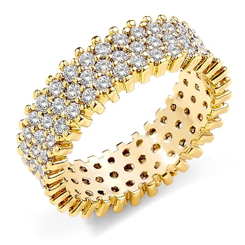 KEAO CELINE 3-Row Eternity Band Ring, 14K Gold Plated or Rhodium Plated, Cubic Zirconia Pave Setting