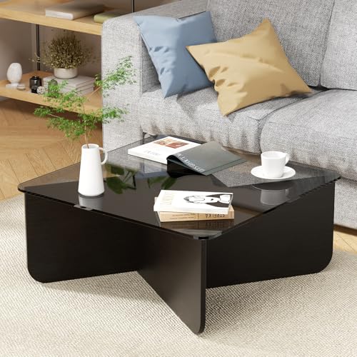 Mesa de centro cuadrada de cristal, mesa de centro de mediados de siglo con base de madera maciza y parte superior de vidrio templado transparente, elegante base cruzada en forma de X, mesa central