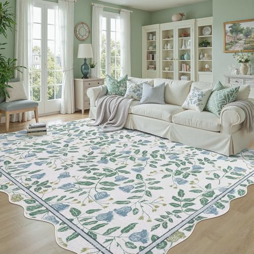 DCX 8x10 Area Rug, Machine Washable, Non-Slip, Stain-Resistant Low-Pile Vintage Floral Scalloped Rug for Living Room, Bedroom, Dining Room, Soft Low Pile Large Carpet, Green and Blue 8' x 10