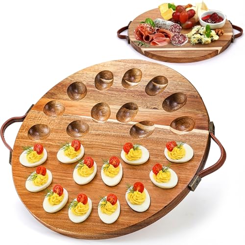 Image of Hiceeden Acacia Wood Deviled Egg Platter with Handles for Easter, 24 Holes Round Deviled Egg Tray Container, Reversible Charcuterie Board Egg Plate Serving Tray for Countertop