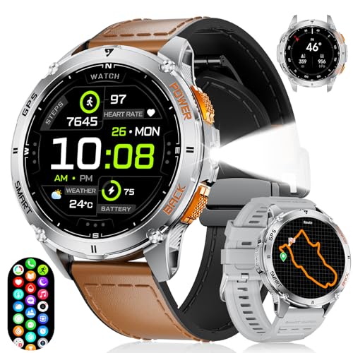 FOXBOX GPS Smart Watch for Men LED Flashlight, 530mAh Extra Large Battery, 1.43” AMOLED Military Smartwatch Answer/Make Call with Heart Rate SpO2 Sleep Monitor for Android iOS Silver