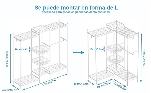 Uptyia Armario Abierto para Ropa, Burro de Ropa Resistente con Estantes, Perchero de Pie Metálico para Dormitorio o Vestidor, Blanco, 182x155x40cm - imagen 3