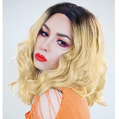 Stamped Glorious Short Blonde Wig Synthetic Shoulder Length Wigs for Women Middle Part Wavy Bob Wig for Daily Party Use (Ombre Blonde)