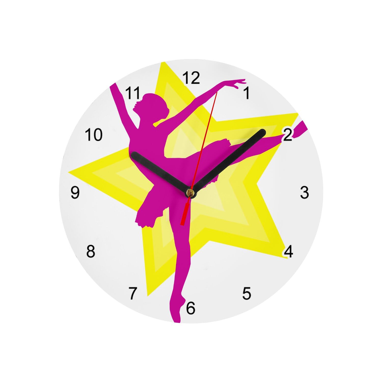 Horloge murale en verre blanche de 20 cm de diamètre avec motif ballerine et étoile jaune