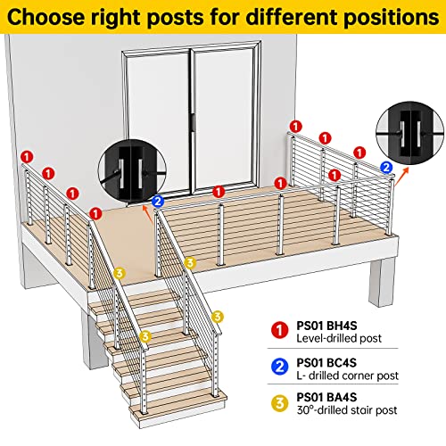 Muzata 4Pack Level Drilled Cable Railing Post 36"X2"X2"(Post Body 33") Adjustable Top Post Level Line Post Top Mount Stainless Steel Black Finish Wood Concrete Level Deck, Ps01 Bh4S #TOP4