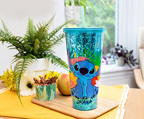 Image of Silver Buffalo Disney Lilo and Stitch Ohana, Plastic Cold Cup, 32oz | Confetti, Includes Lid and Straw, 0.95 Liters