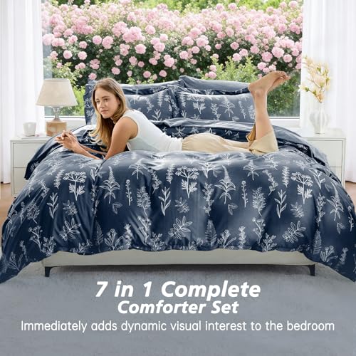 Image of MUXHOMO Oversized Queen Comforter Set, Navy Blue Elegant Floral Print Bed in a Bag 7 Pieces, Soft & Breathable Reversible Botanical Pattern Bedding Set with Comforter, Sheets, Pillowcases & Shams