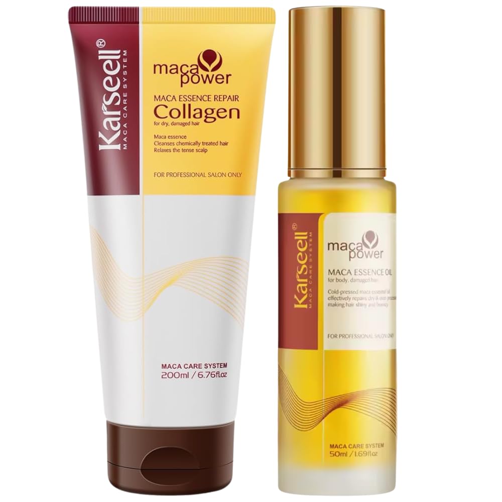 Karseell MACA CARE SYSTEM Zestaw Maska do Włosów Kolagen 200ml + Serum Olejek Arganowy 50ml Głęboka Regeneracja Intensywne Nawilżenie Blask Anti Frizz do Włosów Suchych i Zniszczonych Profesjonalny