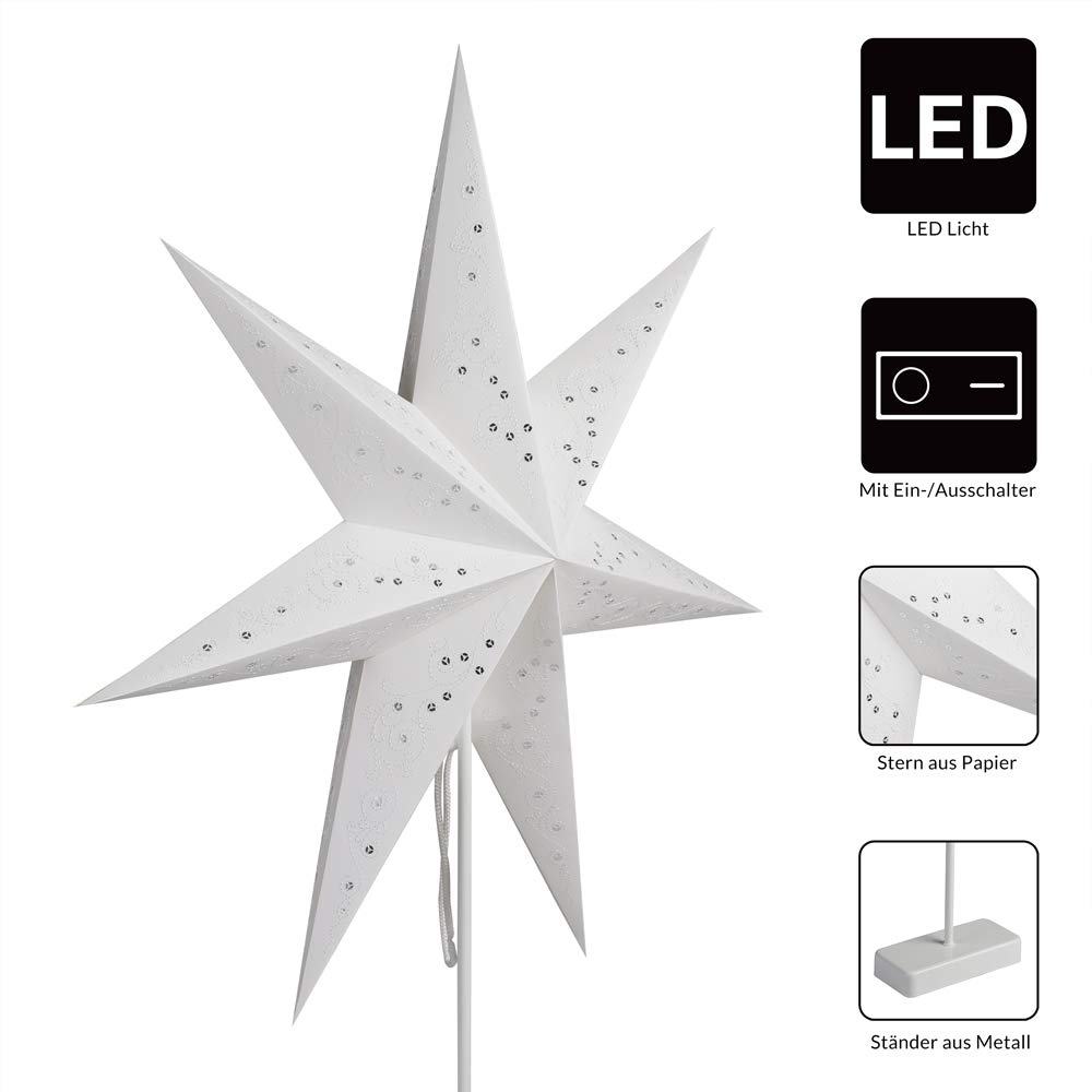 Casaria Gwiazda bożonarodzeniowa LED, bezprzewodowa, 60 cm, ze stojakiem, podświetlana, okienna, bateria, składana, ciepła biel, dekoracja bożonarodzeniowa, gwiazda dekoracyjna