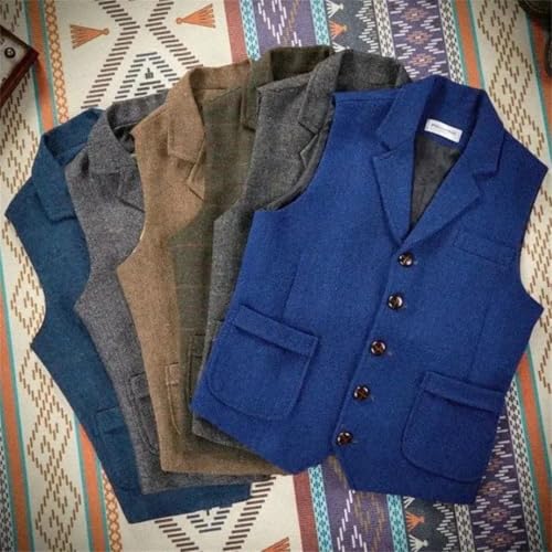 Men's Solid Color Lapel Single-Breasted Slim Pocket Herringbone Wool Tweed Vest2