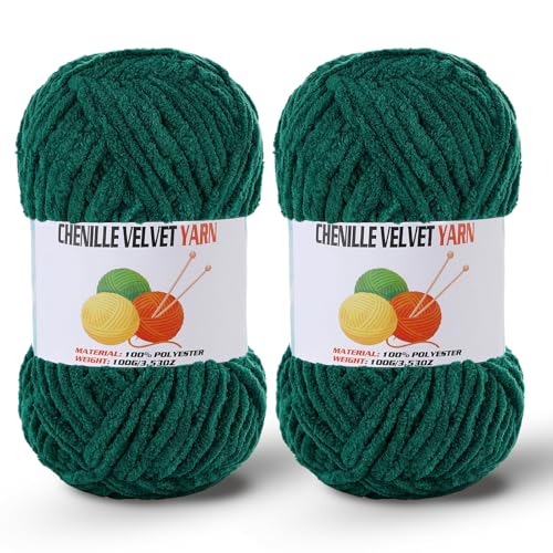 Image of 2 * 100g /3.5oz Fluffy Chenille Yarn for Crocheting, Chunky Velvet Yarn for Crochet Amigurumi, Used for Making Baby Yarns Blanket, Clothes, Pattern Knitting Creations (Dark Green)