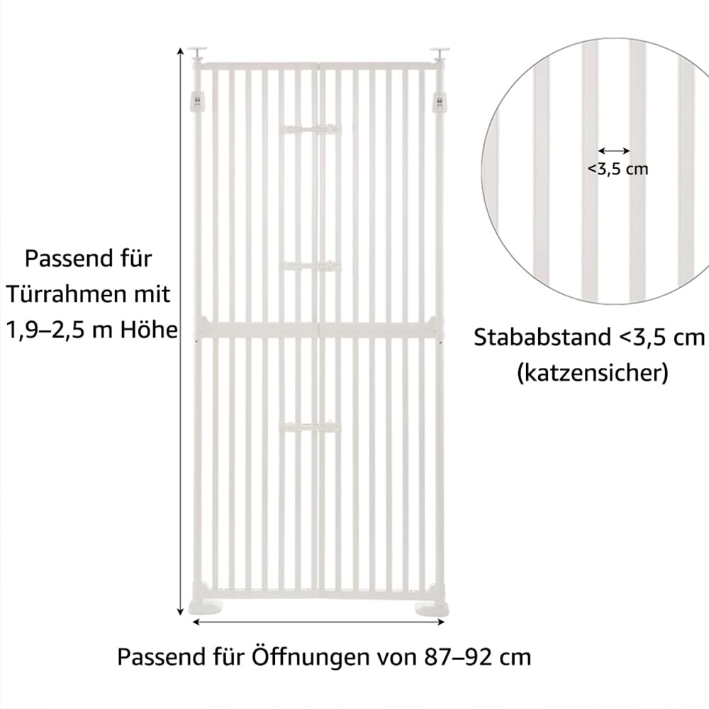 unipaws Extra Hohes Katzengitter 190 cm, mit Katzentür & Türschloss, Enger Stababstand, höhenverstellbar 190–250 cm, Klemmbefestigung ohne Bohren, für Innenräume, Weiß