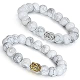 Aroncent 2PCS Herren Damen Armband, 10mm Breite Silber Gold Buddha-Kopf Gebet Mala Kugel Perle EnergieStein Armreif Armschmuck Handgelenk, Weiss Howlite Türkis Metalllegierung