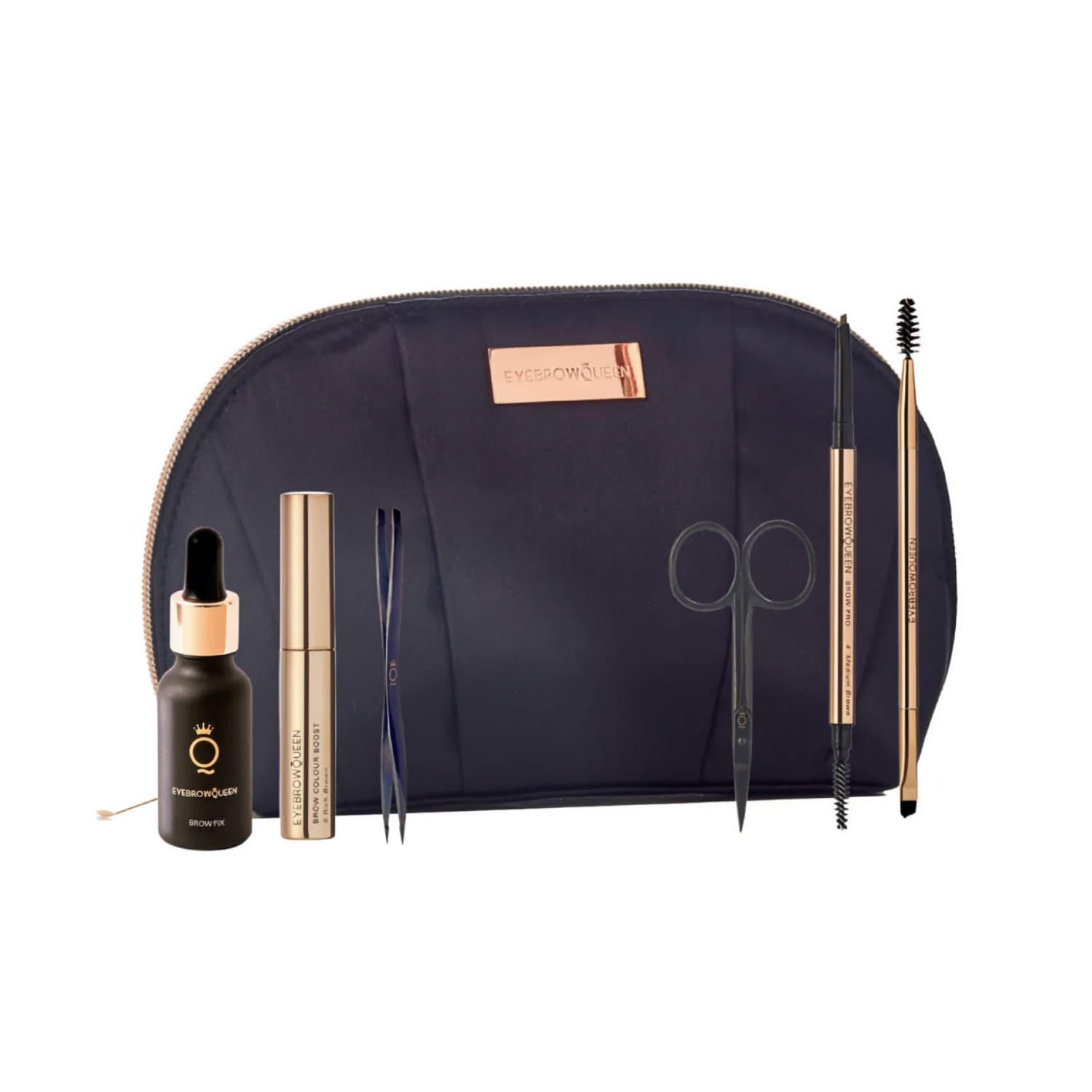 Eyebrowqueen Essential Collection -Eyebrow Kit - Black Brown. (Contains Eyebrow Pencil, Sculpting Gel, Eyebrow Brush, Tweezers, Scissors and Brow Fix Solution).