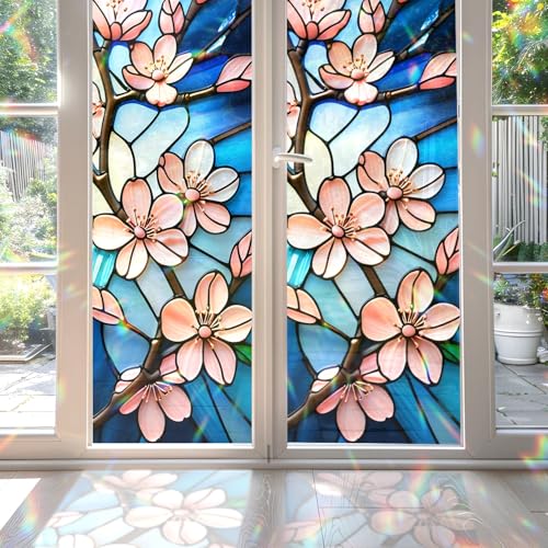 Cherry Blossom Dancing in The Wind Stained Glass Window Film, Flower Stained Glass Window Film for Bathroom Door Heat Anti UV