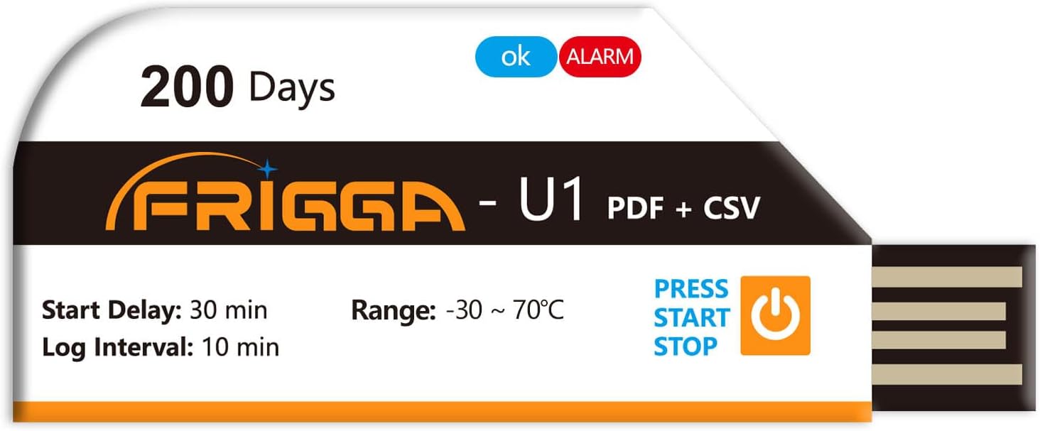 Frigga Temperature Data Logger Single Use Temperature Recorder 28800 Points USB Temperature Loggers High Accuracy 200 Days Cold Chain Transportation with PDF CSV Report,U1