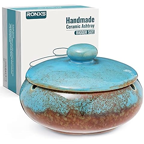 RONXS Ashtray with Lid, Smell Proof Large Ash tray for Outside Indoor- Vintage Blue and Brown, Windproof Ashtrays for Cigarettes, Glossy Ceramic Decoration for Home Office Cafe Garden Patio Cover