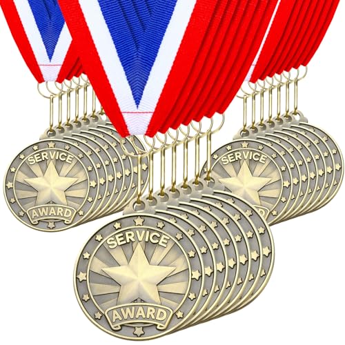 Quelay 30 Pcs 2'' Award Medals Bulk Gold Winner Medals with Neck Ribbons Metal Trophy Award Prize Gift for Tournaments, Competitions, Party, Kids and Adults (Service Award)