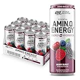 Optimum Nutrition Amino Energy Sparkling Hydration Drink, Electrolytes, Caffeine, Amino Acids, BCAAs, Sugar Free, Berry Burst, 12 Fl Oz, 12 Pack