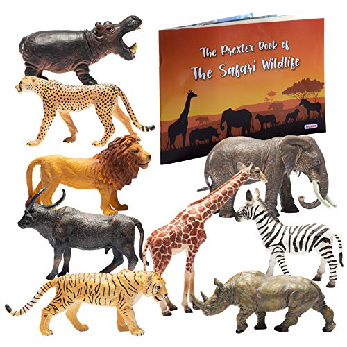 Prextex Realistic Safari Animal Figurines - 9 Large Plastic Figures - Jungle, Zoo, Forest, And Wild Animal Toys With Educational Animals Book | Great Gift For Birthday Party | Toddlers 1-3 Years Old #TOP6